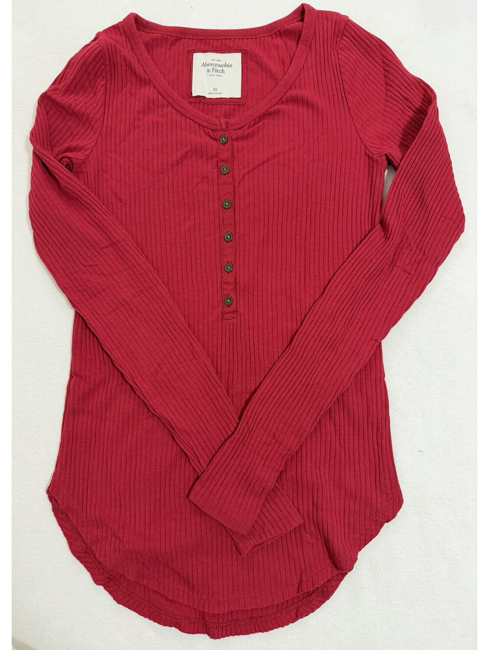 Abercrombie & Fitch Top Womens XS  Red Ribbed Henley Long Sleeve